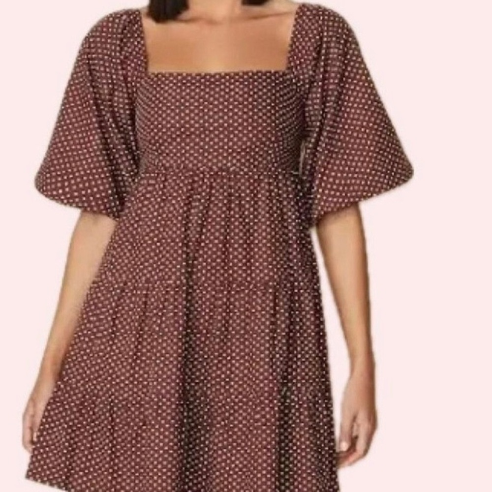 NWOT Polkadot Faithful the brand brown and white polka dot mini tie dress